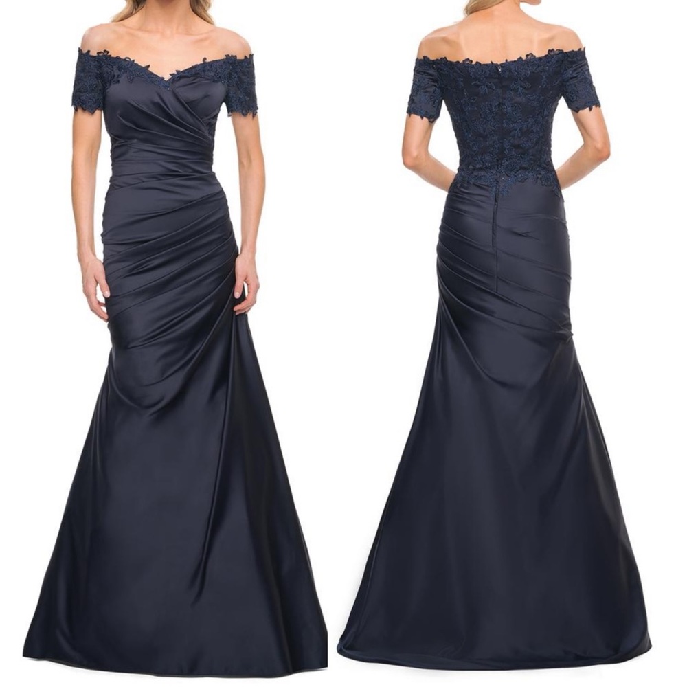 LA FEMME EVENING
30199 size 12  off shoulder navy blue gown formal dress